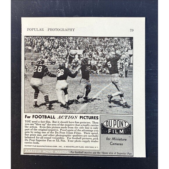 Du Pont Pan or XL Pan Film "For Football Action Pictures" Vintage Print Ad 1938 - Picture 3 of 3